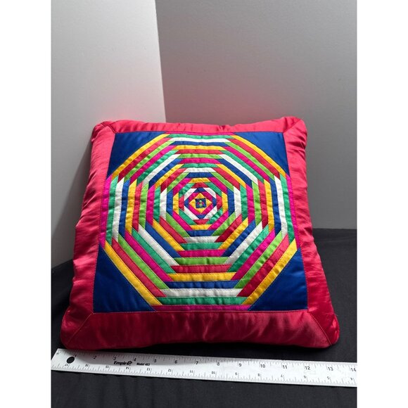 Quilted Pillow Geometric Pattern 14"x14" Multicolor Cotton & Satin - Picture 4 of 6